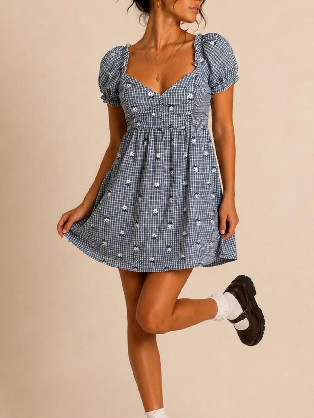 Smocked Puff Sleeve Blue Gingham Mini Dress